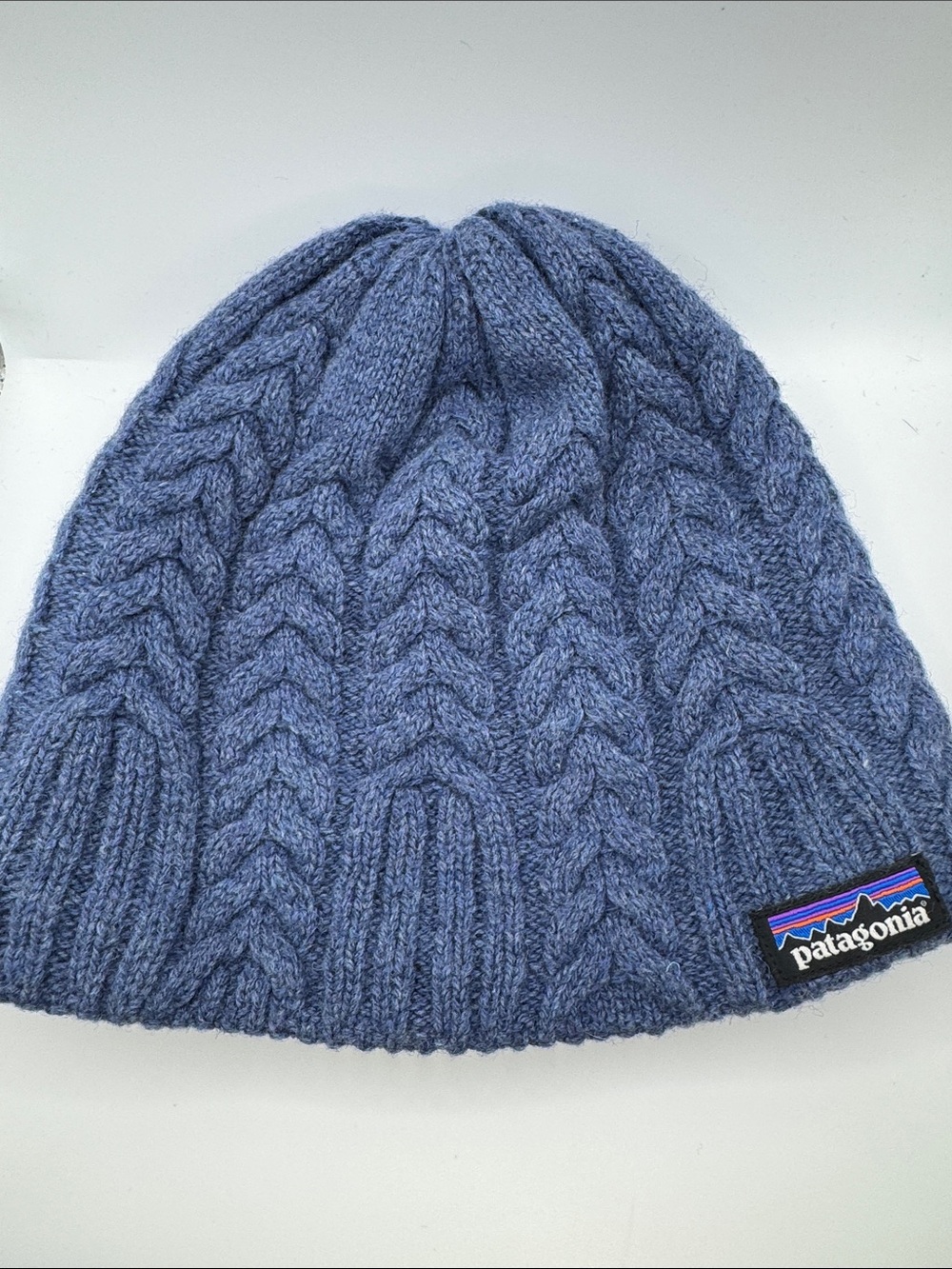 Patagonia Cable Knit Fleece Lined Beanie Hat Heather Slate Blue P-6 Logo